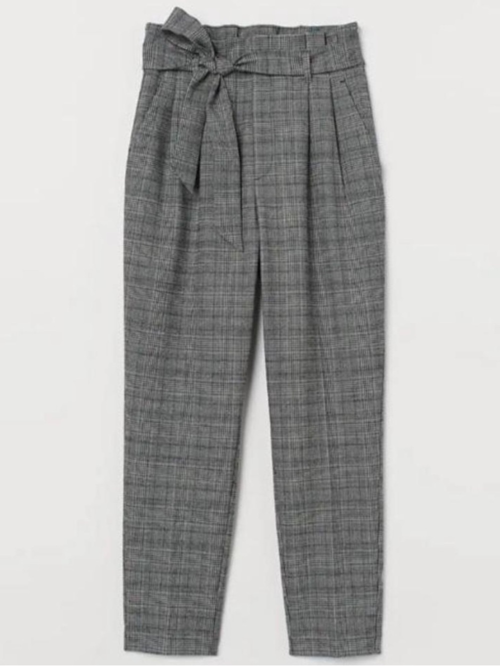 H&M Gray Plaid Paperbag High Waist Tie Belt Tapered Trousers 10